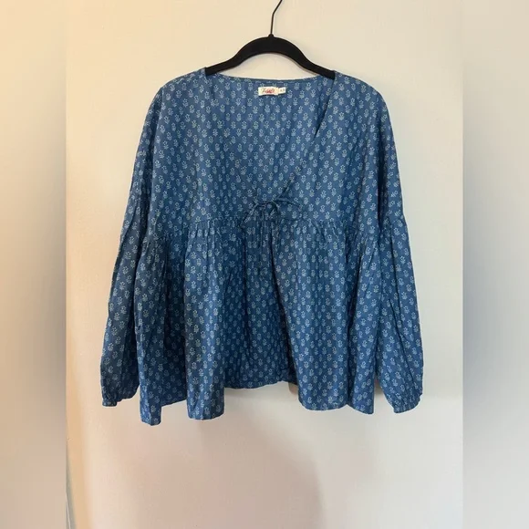 Faherty Women’s Navy Lyla Organic Cotton Floral Drop Shoulder Top Blouse - XL - Picture 4 of 11